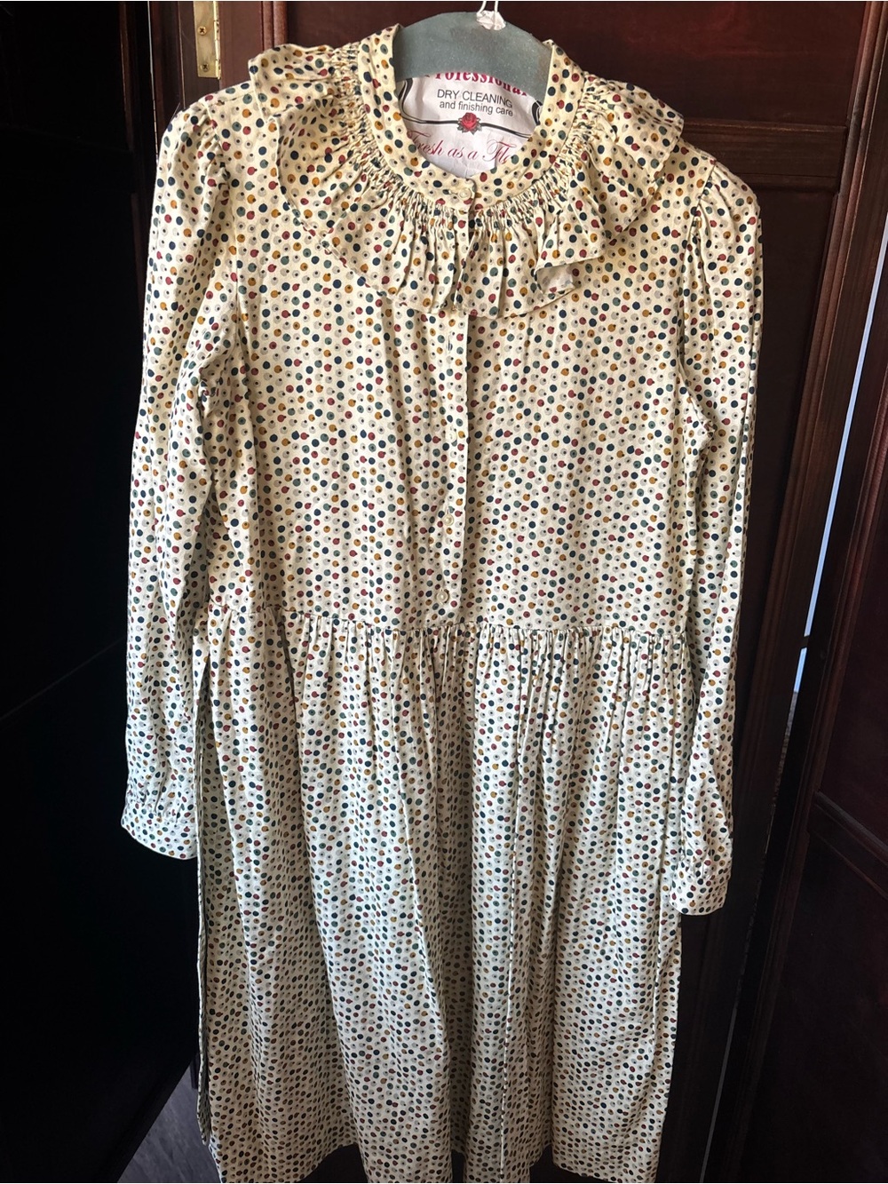 Bonpoint Ivory dress with Multicolor Polka Dots and ruffled collar